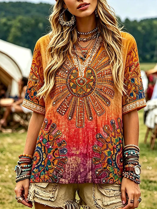 Cardydony Womens Bohemian Mandala Sunburst Embroidery Short Sleeve Tee, Vintage Gradient Wash Sparkly Rhinestone Hippie Festival Oversized Blouse