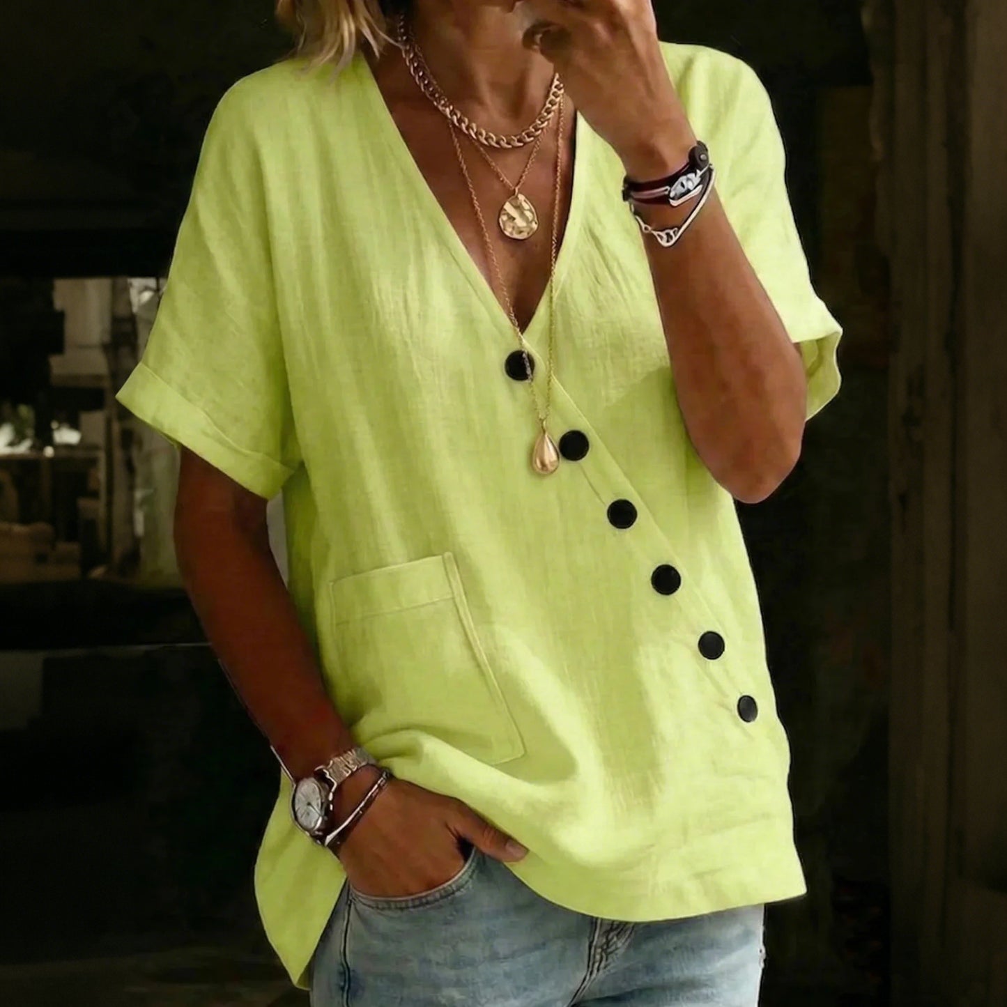 Cardydony Women's Solid Color V-neck Button Pocket Linen Blend T-shirt