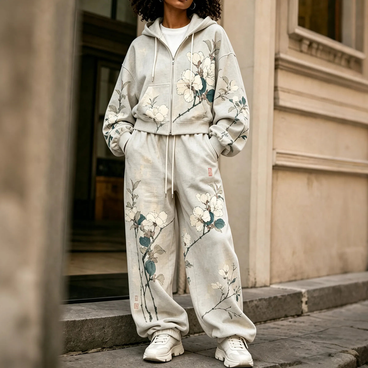 Cardydony Women's Japanese Floral Art Print Casual Zip Up Hoodie Two Piece Set