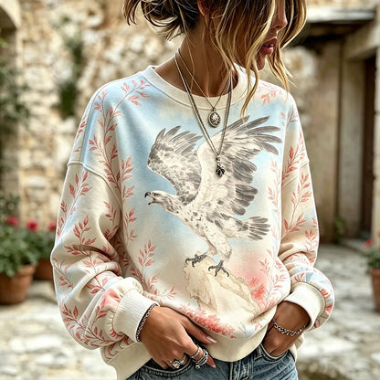 Cardydony Women's Vintage Graphic Sweatshirt - Bald Eagle On Rock And Botanical Leaves Print Casual Pullover