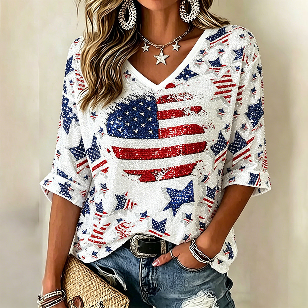Cardydony Women's Vintage Independence Day Anniversary Heart Art Print T-shirt
