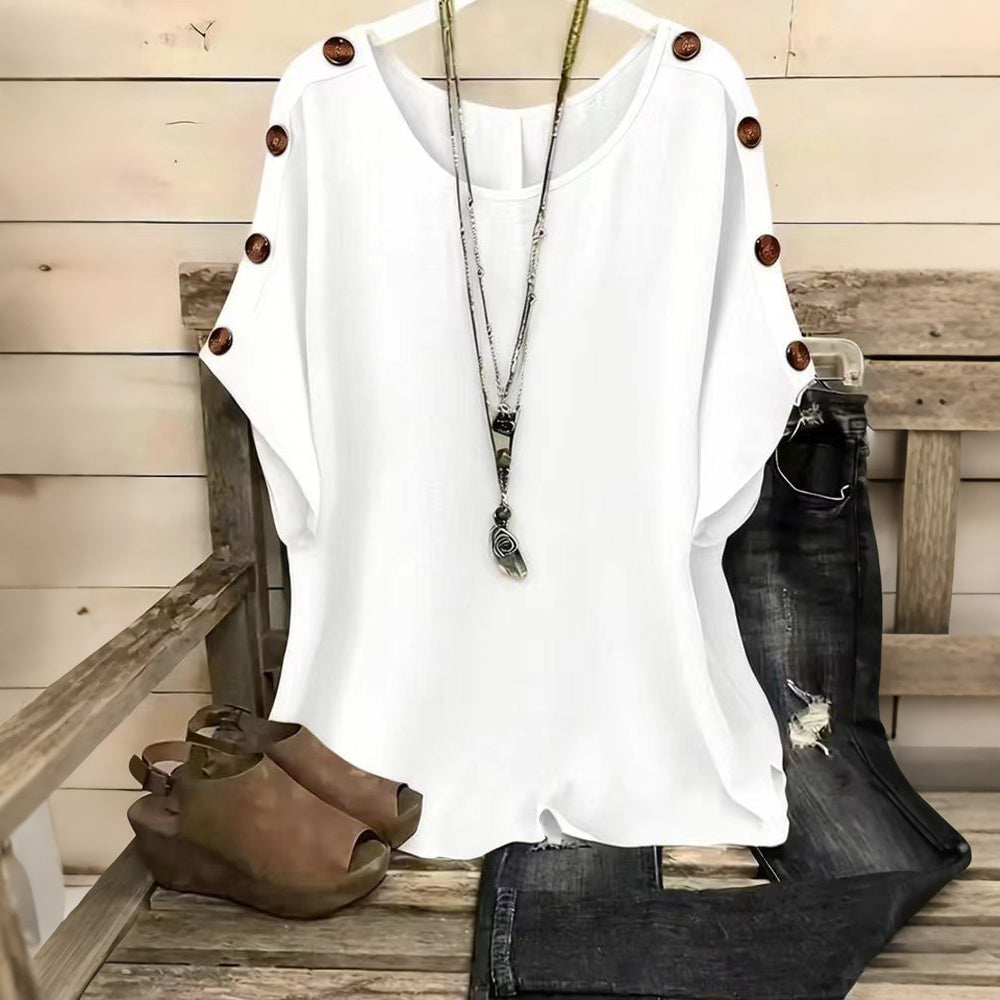 Cardydony Women's Solid Color Round Neck Loose Button Design T-shirt