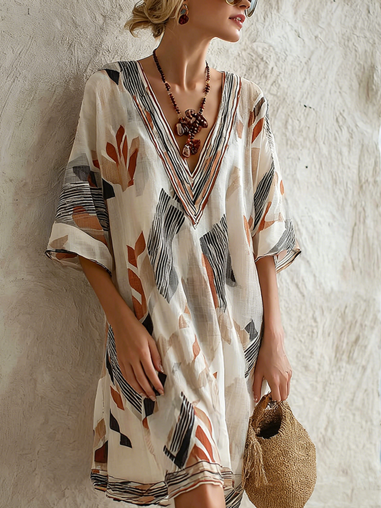 Cardydony Geometric Pattern Design Casual Linen Vacation Style Dress
