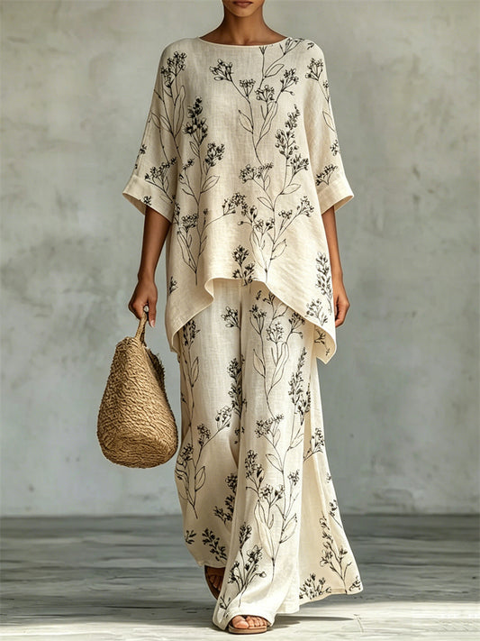 Cardydony Classy Forest Floral Flowy Linen Tunic & Wide Leg Pants Set