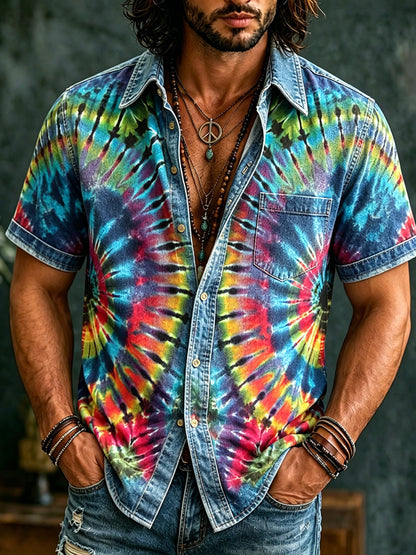 Cardydony Men's Retro Hippie Rainbow Tie-dye Graffiti Art Pattern Casual Washed Shirt
