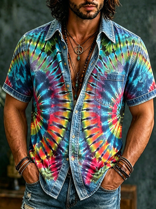 Cardydony Men's Retro Hippie Rainbow Tie-dye Graffiti Art Pattern Casual Washed Shirt