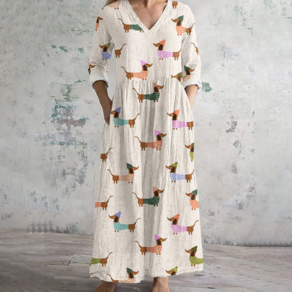Cardydony Retro Cute Dachshund Dog Art Women's Linen Dress
