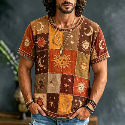 Cardydony Men's Hippie Sun Moon Geometric Patchwork Print Short Sleeve T-shirt