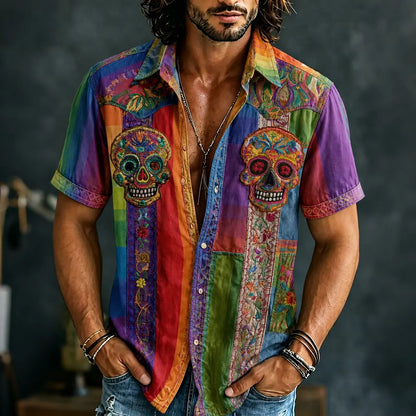 Cardydony Men's Retro Hippie Skull Patchwork Print Short-sleeve Shirt
