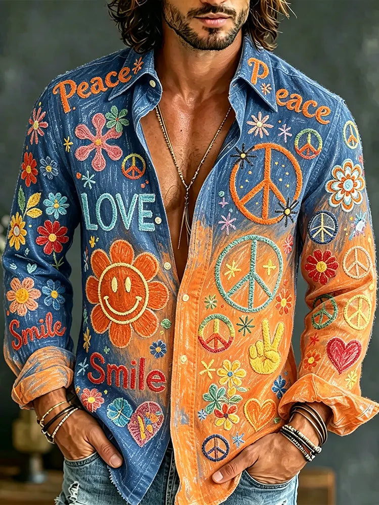 Cardydony Men's Hippie Style Floral Embroidered Gradient Casual Long Sleeve Shirt