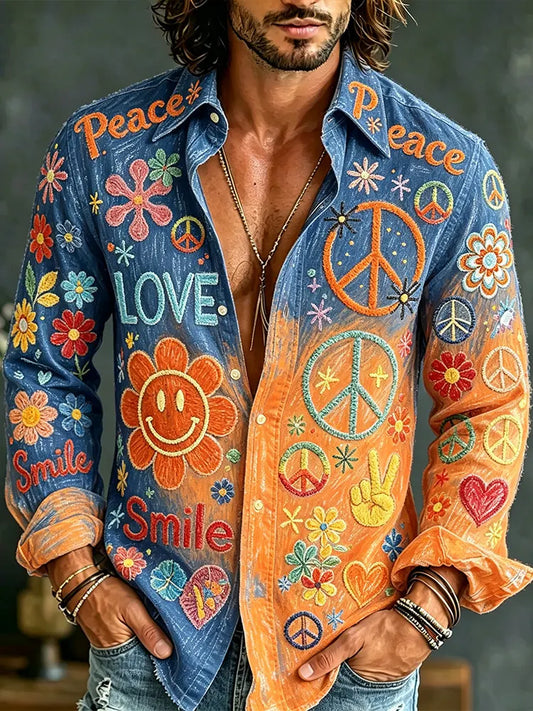 Cardydony Men's Hippie Style Floral Embroidered Gradient Casual Long Sleeve Shirt