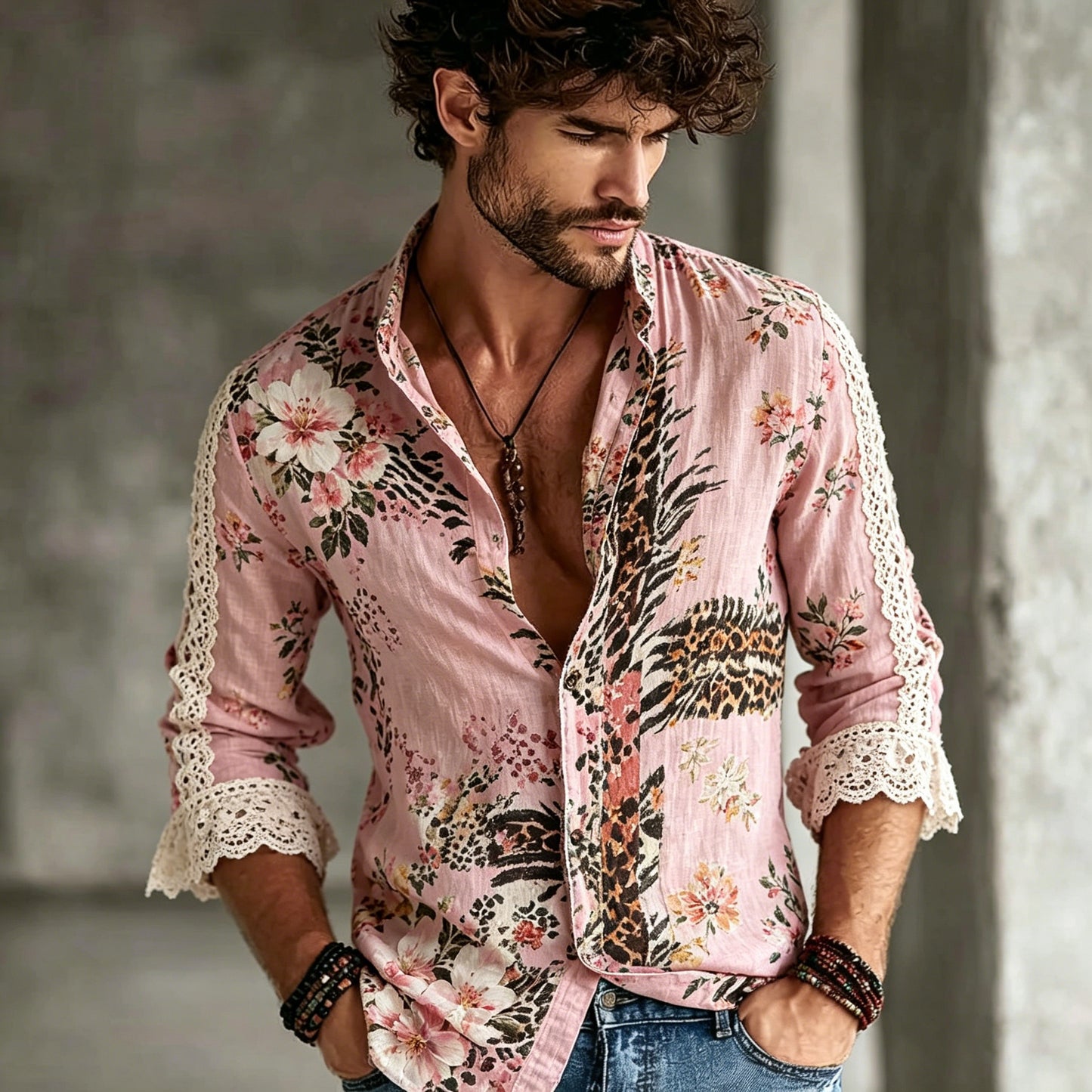 Cardydony Men's Retro Bohemian Floral Lace Vacation Shirt