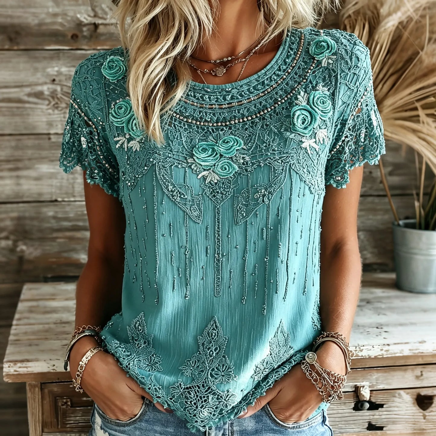Cardydony Women's Vintage Floral Art Flowy Linen Blend Casual Tops