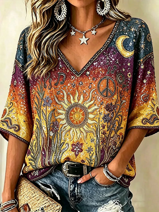 Cardydony Boho Hippie Sun Moon Peace Sign Rhinestone V-neck Blouse, Retro Music Note Floral 3/4 Sleeve Casual Top For Women