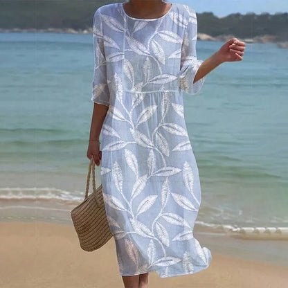 Cardydony Women's Leaf Print Linen Blend Midi Dress