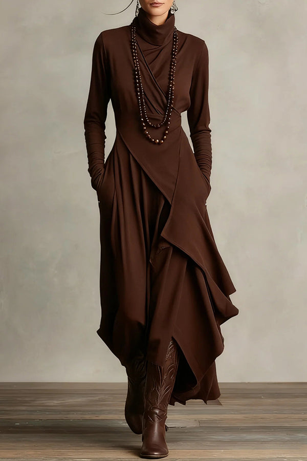 Cardydony Women's Solid Color High-neck Long-sleeved Irregular Casual Maxi Dress