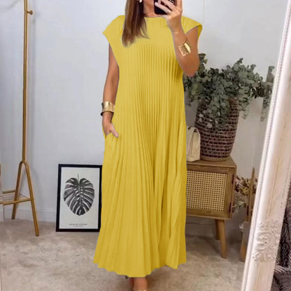 Cardydony Women's Elegant And Stylish Round-neck Pleated Maxi Dress