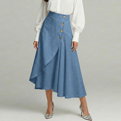 Cardydony Women's Casual Retro Irregular Ruffles Button Cotton And Linen Skirt