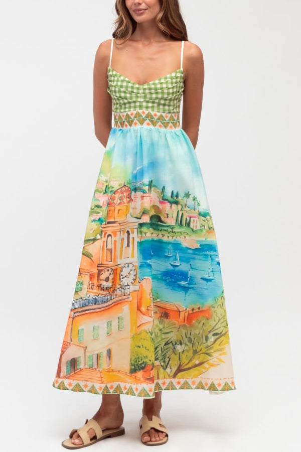 Cardydony Women's Unique Printed Spaghetti Strap Pleated Casual Maxi Dress