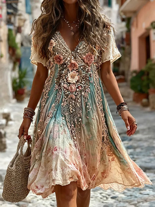 Cardydony Women's Vintage Bohemian Floral Pattern V-neck Short Sleeve Midi Dress