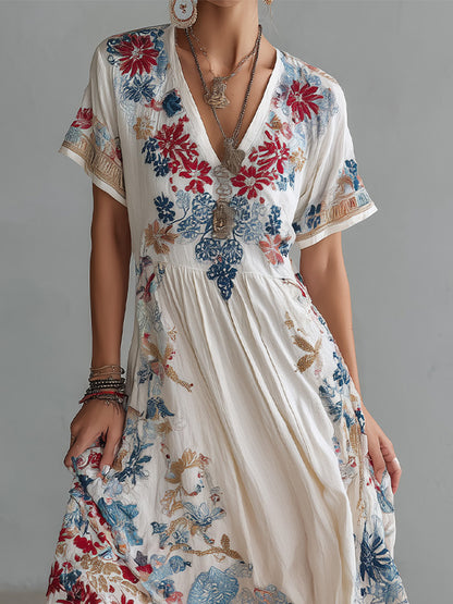 Cardydony Women Bohemian Floral Embroidered V-neck Maxi Dress