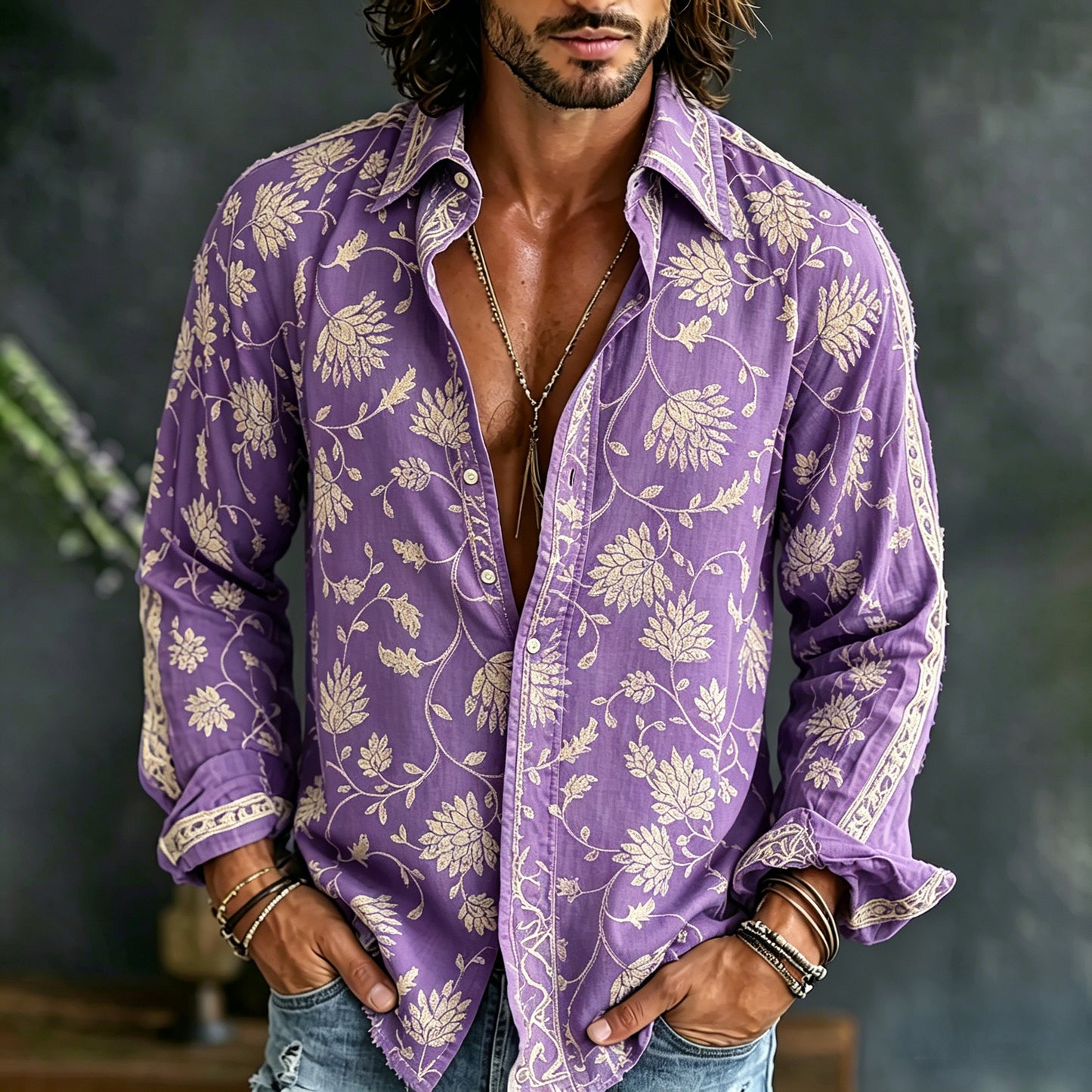 Cardydony Men's Vintage Floral Embroidered Art Print Flowy Linen Blend Casual Shirt