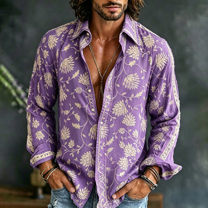 Cardydony Men's Vintage Floral Embroidered Art Print Flowy Linen Blend Casual Shirt