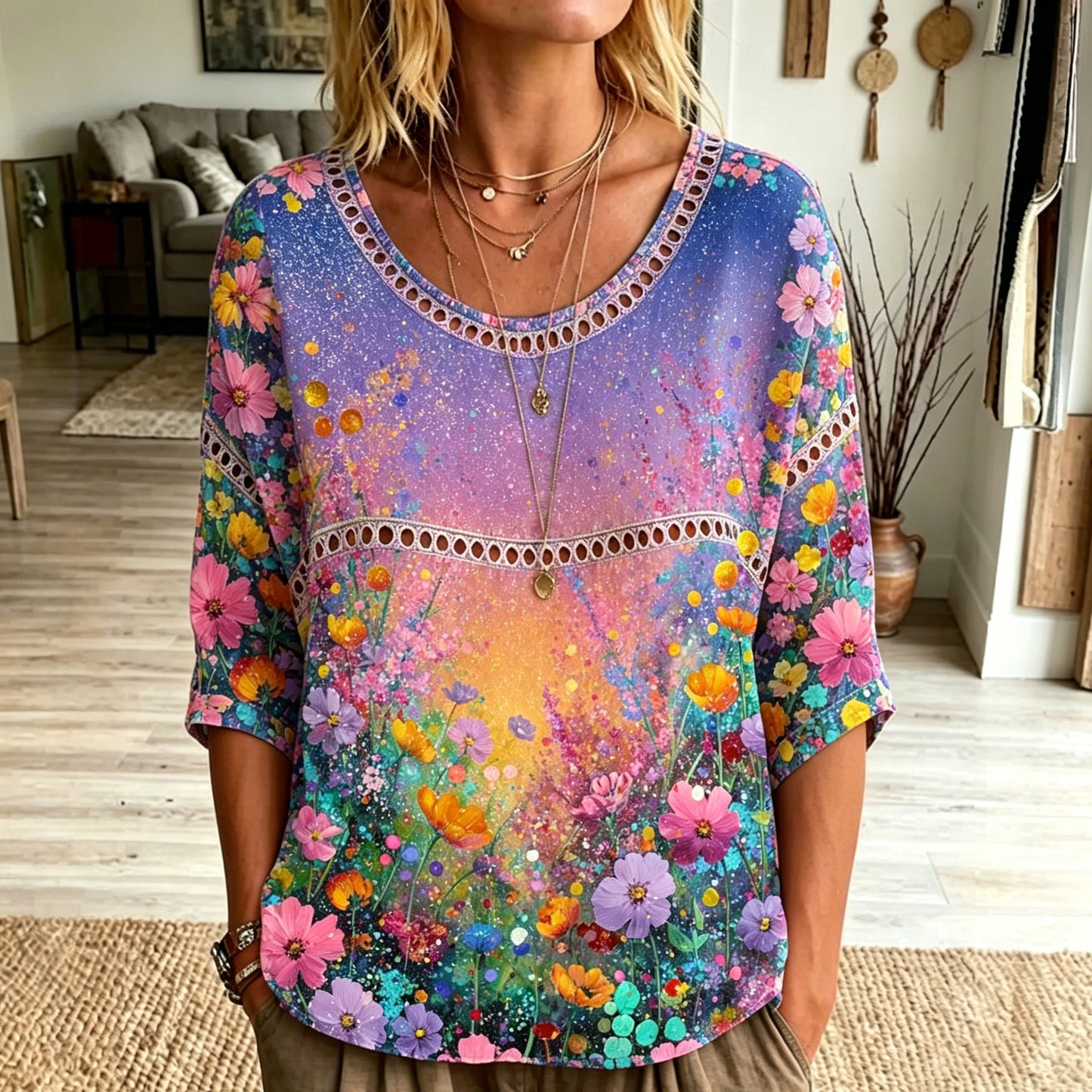 Cardydony Women's Floral Art Pattern Cotton Linen Casual Round Neck T-shirt
