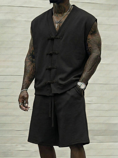 Cardydony Men's Casual Sleeveless Frog Button Tank Top Shorts Two Piece Set