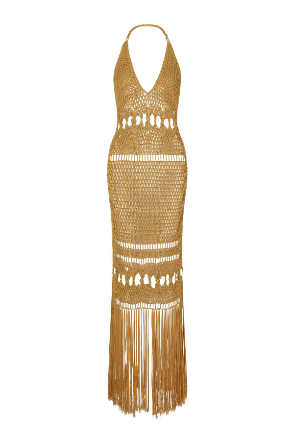 Cardydony Women's Fashionable Open-knit Backless Elegant Tassel Hem Vacation Cover-up Maxi Dress