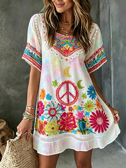 Cardydony Women's Vintage Hippie Floral Pattern Art Embroidered Linen Blend Mini Dress