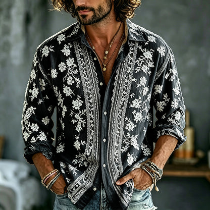 Cardydony Men's Summer Floral Embroidered Art Print Flowy Linen Blend Shirt