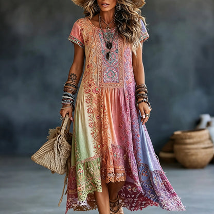 Cardydony Women's Vintage Floral In Hippie Rainbow Art Print Flowy Linen Blend Linen Blend Maxi Dress