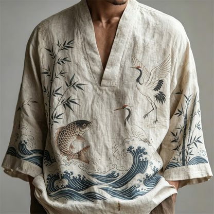 Cardydony Men's Japanese Bamboo Crane Wave Design Short-sleeve Top