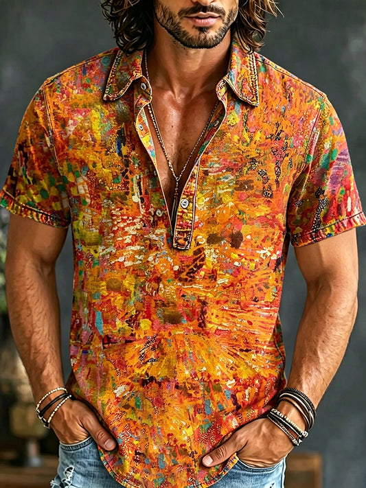 Cardydony Men's Hippie Abstract Oil Painting Art Print Collared Henley Shirt