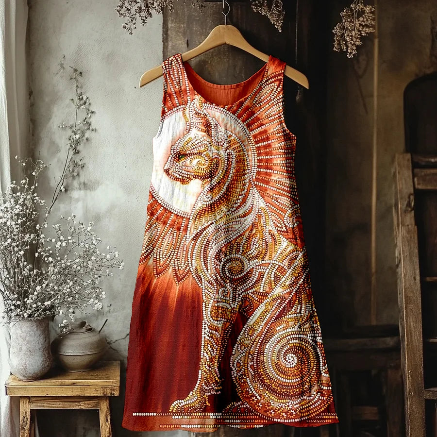 Cardydony Egyptian Cat Goddess Bast Bead Embroidered Linen Midi Dress