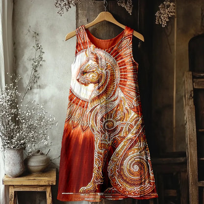 Cardydony Egyptian Cat Goddess Bast Bead Embroidered Linen Midi Dress
