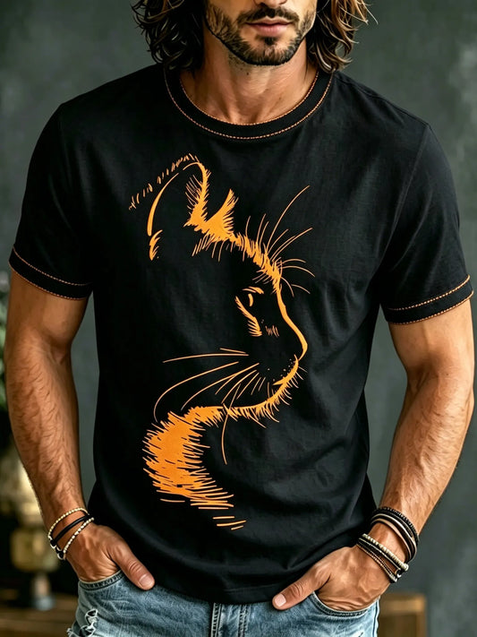 Cardydony Men's Cat Print Cotton Linen T-shirt