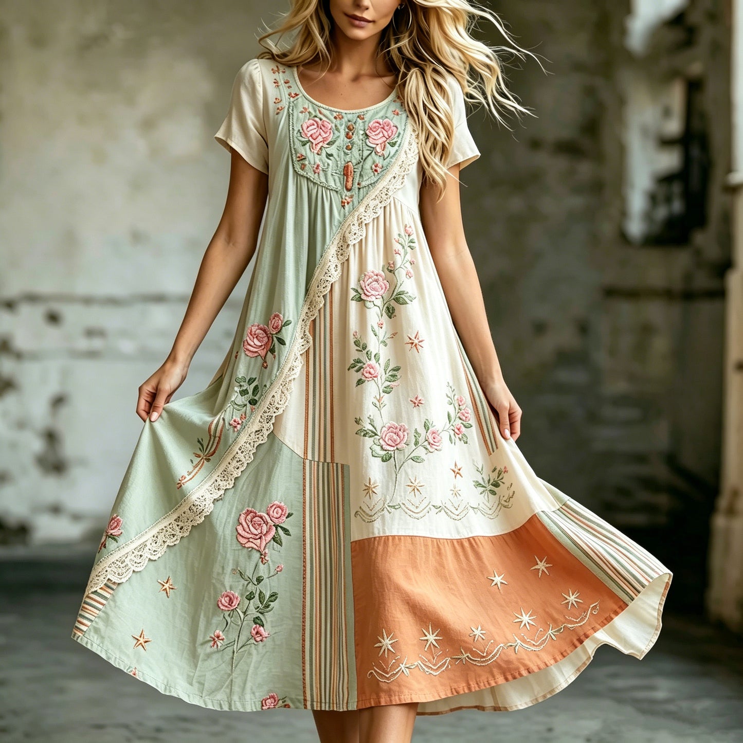 Cardydony Women's Retro Bohemian Floral Embroidery Patchwork Casual Dress
