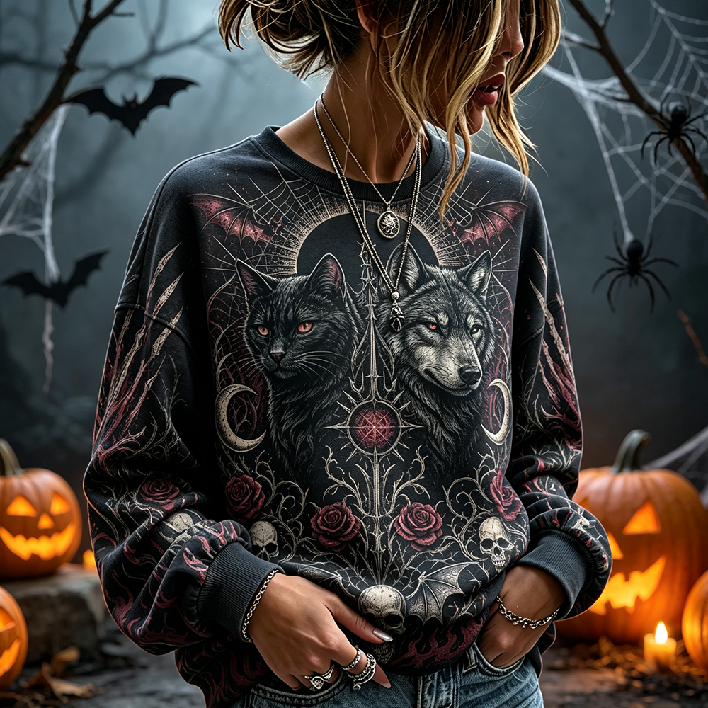 Cardydony Women's Goth Cat & Wolf Graphic Crewneck Sweatshirt - Dark Floral & Skull Print