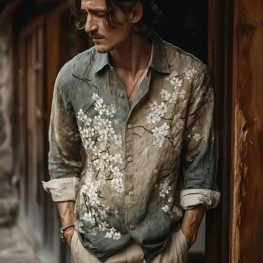 Cardydony Bohemian Retro Style Floral Print Men's Long-sleeve Shirt 1