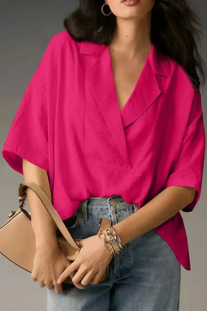 Cardydony Women's Solid Color Loose Lapel Short-sleeved Casual Shirt