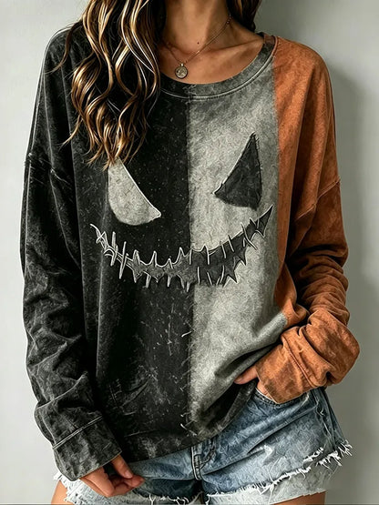 Cardydony Women's Halloween Scary Face Ghost Color Blocking Art Print Casual Sweatshirt
