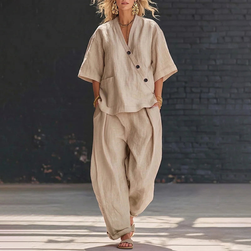 Cardydony Casual Solid Color V-neck Loose Short-sleeved Top And Trousers Two-piece Set