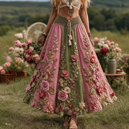 Cardydony Women's Bohemian-style Floral Patchwork A-line Maxi Skirt, Adorned With 3d Rose Patterns And A Drawstring Belt. 1