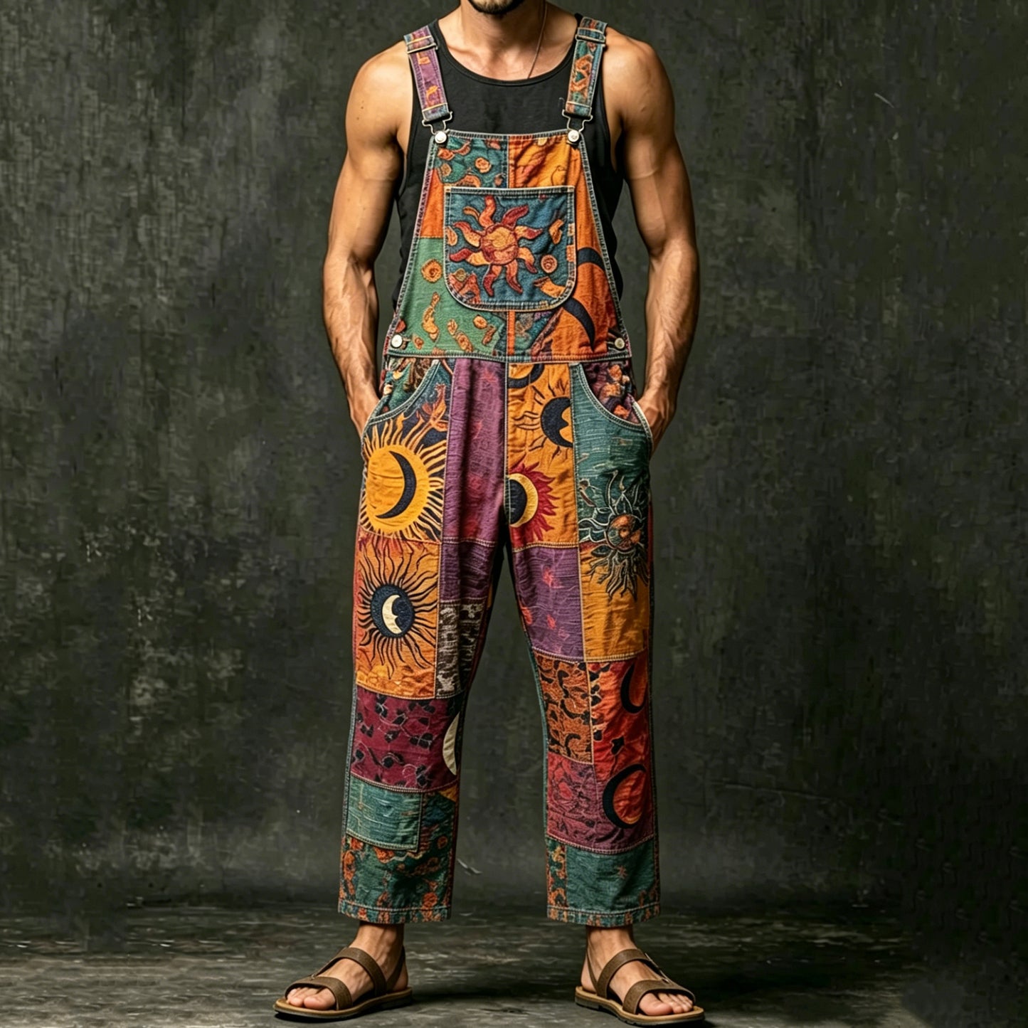 Cardydony Men's Sun, Moon And Stars Patchwork Art Jumpsuit