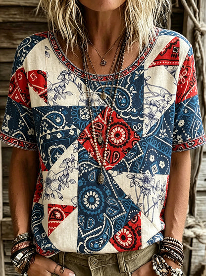 Cardydony Women's Hippie Usa Inspired Paisley Ethnic Linen Blend T-shirt