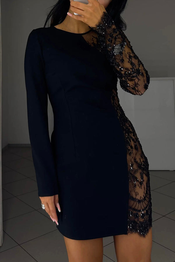 Cardydony Women's Cocktails First Floral Sequin Bead Patchwork Long Sleeve Mini Dress