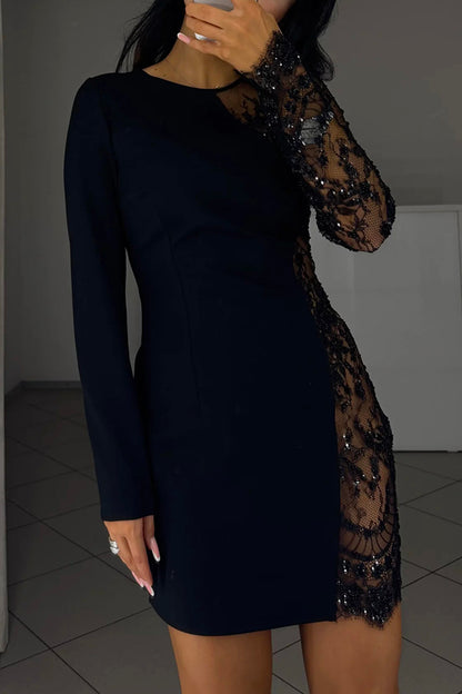 Cardydony Women's Cocktails First Floral Sequin Bead Patchwork Long Sleeve Mini Dress