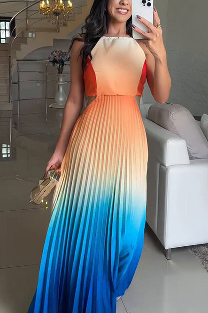 Cardydony Women's Fashionable Backless Tie Elegant Gradient Pleated Maxi Dress